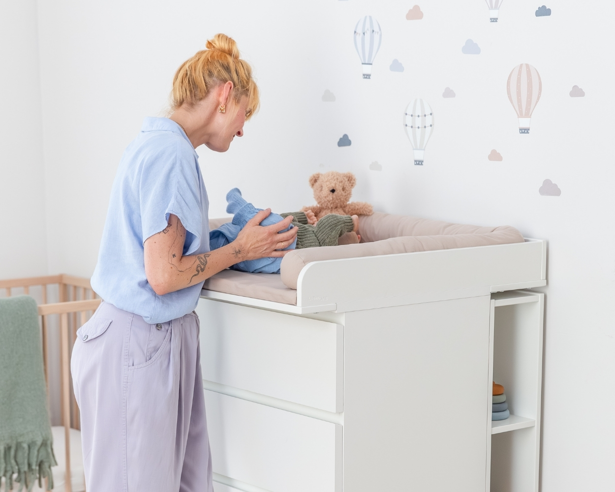 Baby changing table, Dresser with changing pad, Nursery decor,  teddy bear, soft toy