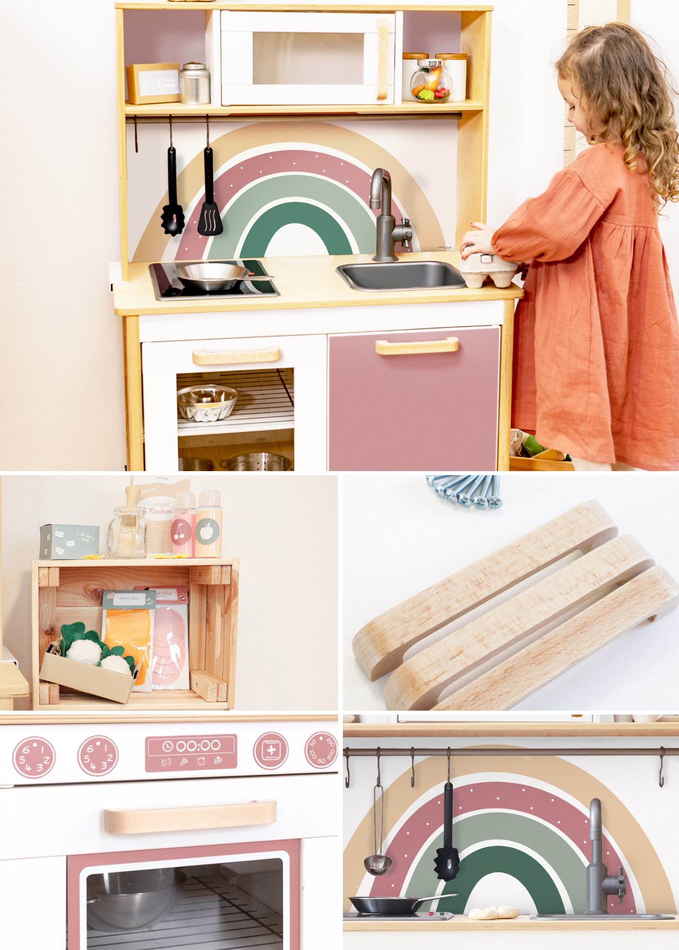 VIELVALT Bundle für die Ikea Duktig Kinderküche Eine Collage mit Bildern einer Kinderküche mit Rosa Klebefolien mit Regenbögen