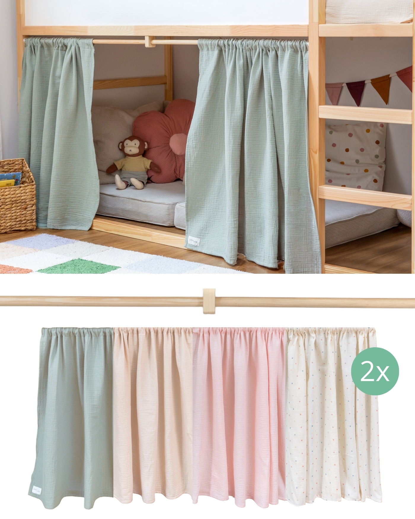 Pine curtain rod with curtains for the IKEA KURA bed ladder side