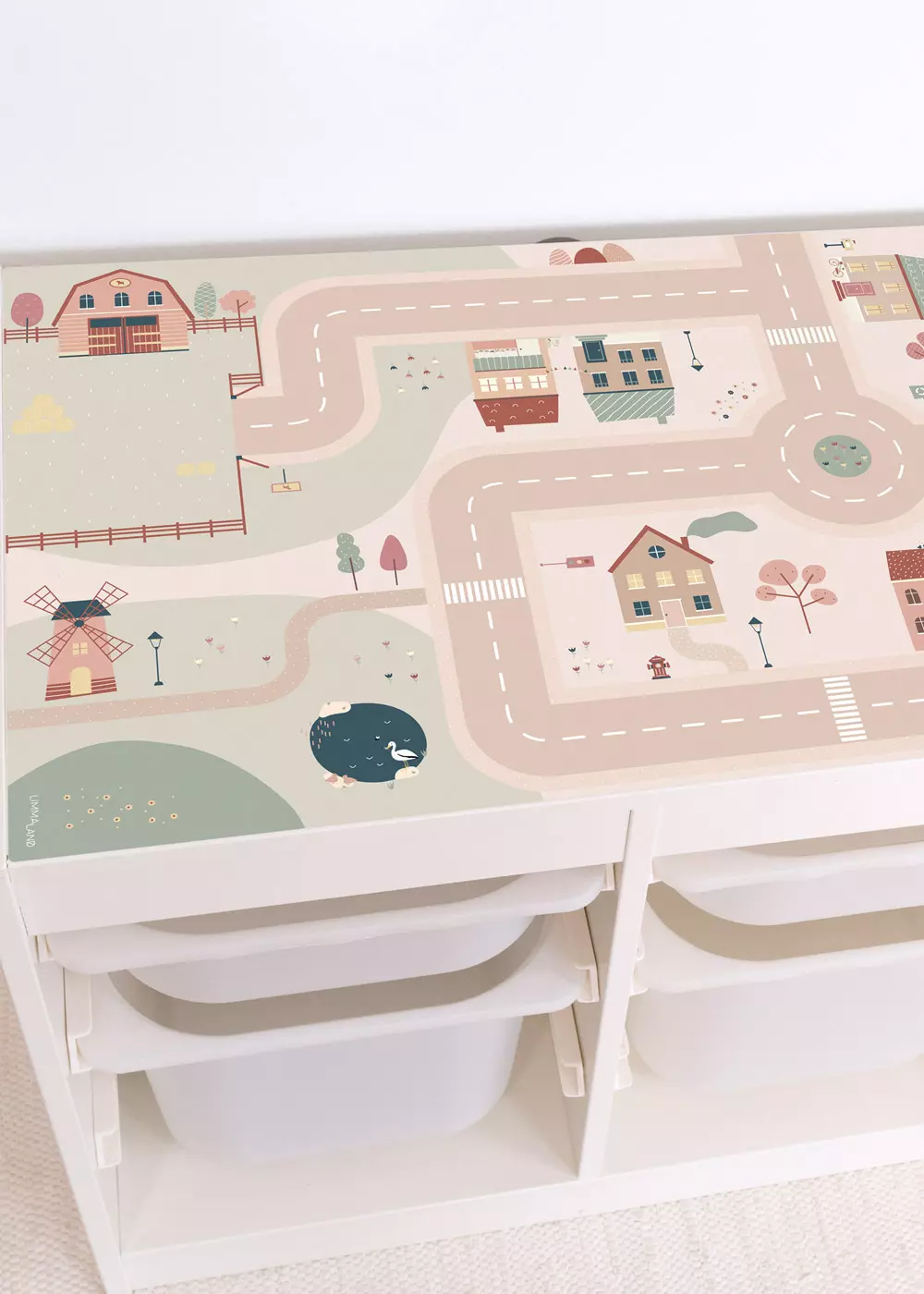 Sticker for IKEA TROFAST shelf (white) Play street pink village