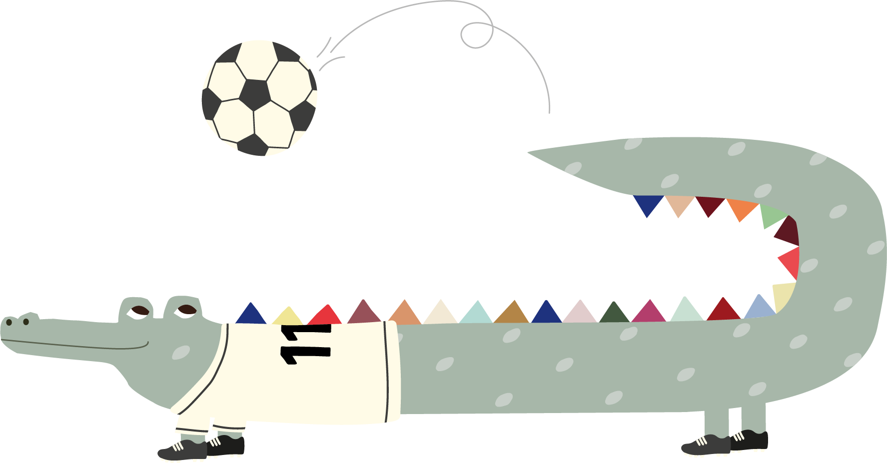 cartoon alligator, soccer ball, mouth open, colorful teeth, sports jersey