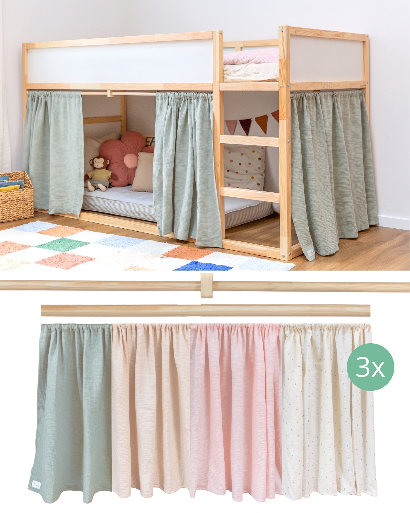 Pine curtain rods including curtains for IKEA KURA head side and ladder side