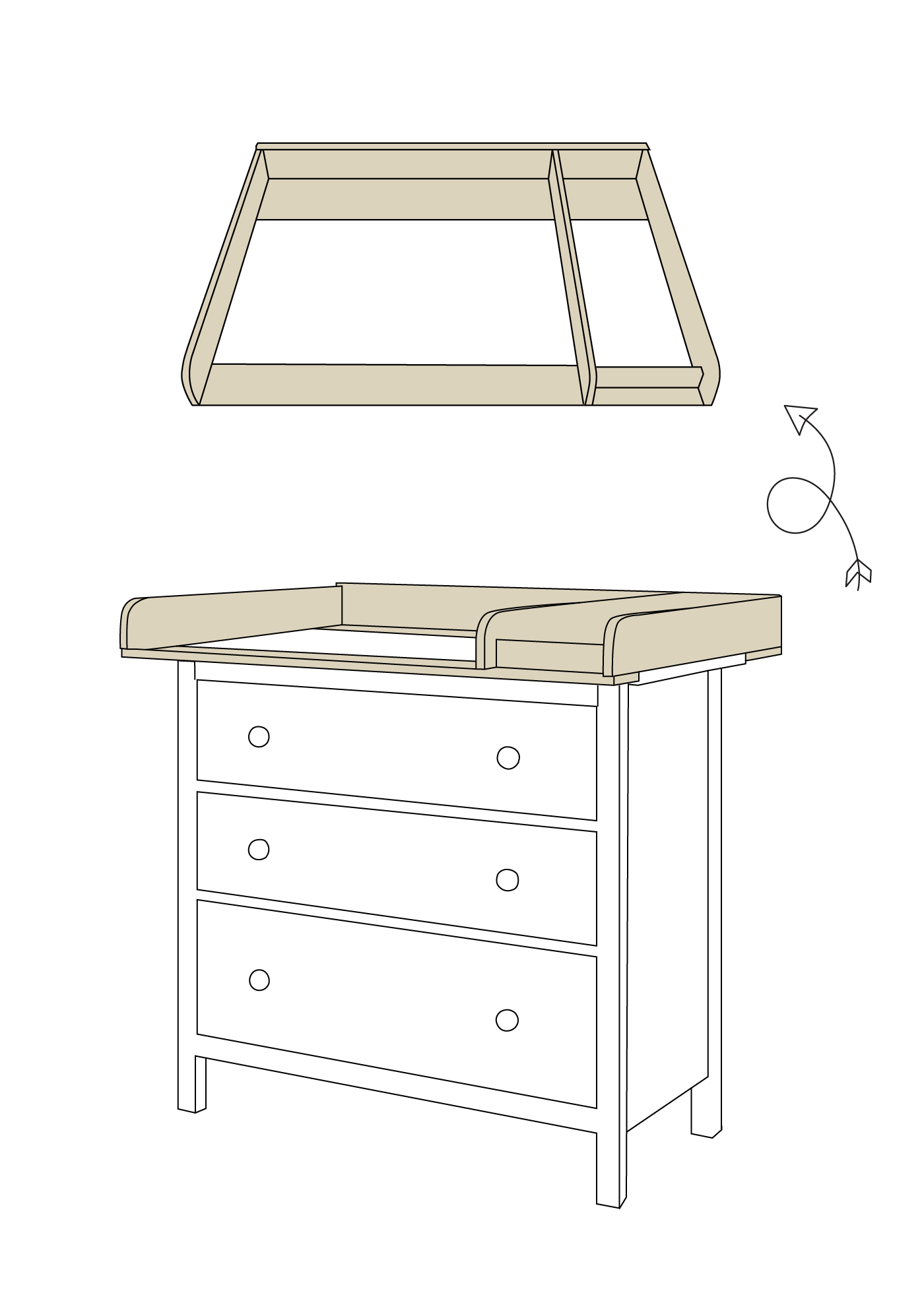 Skizze des Wickelaufsatzes mit Wickelauflage für die Ikea Hemnes Kommode