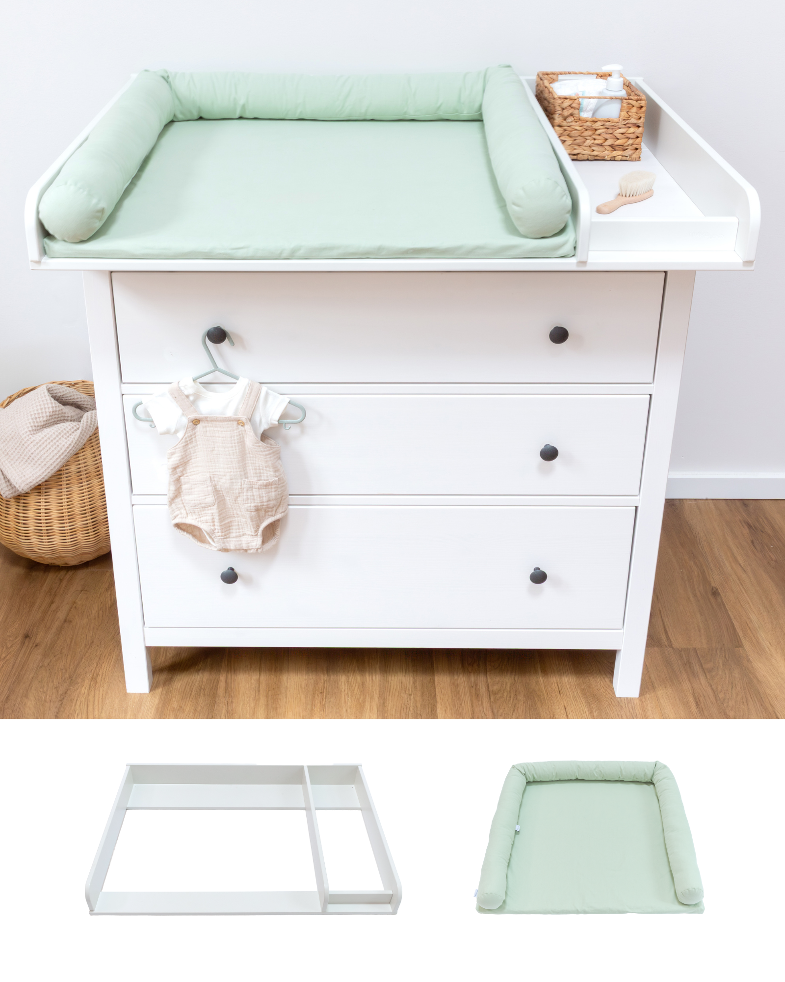 Changing table topper White with top and border for IKEA HEMNES chest of drawers, 108 cm