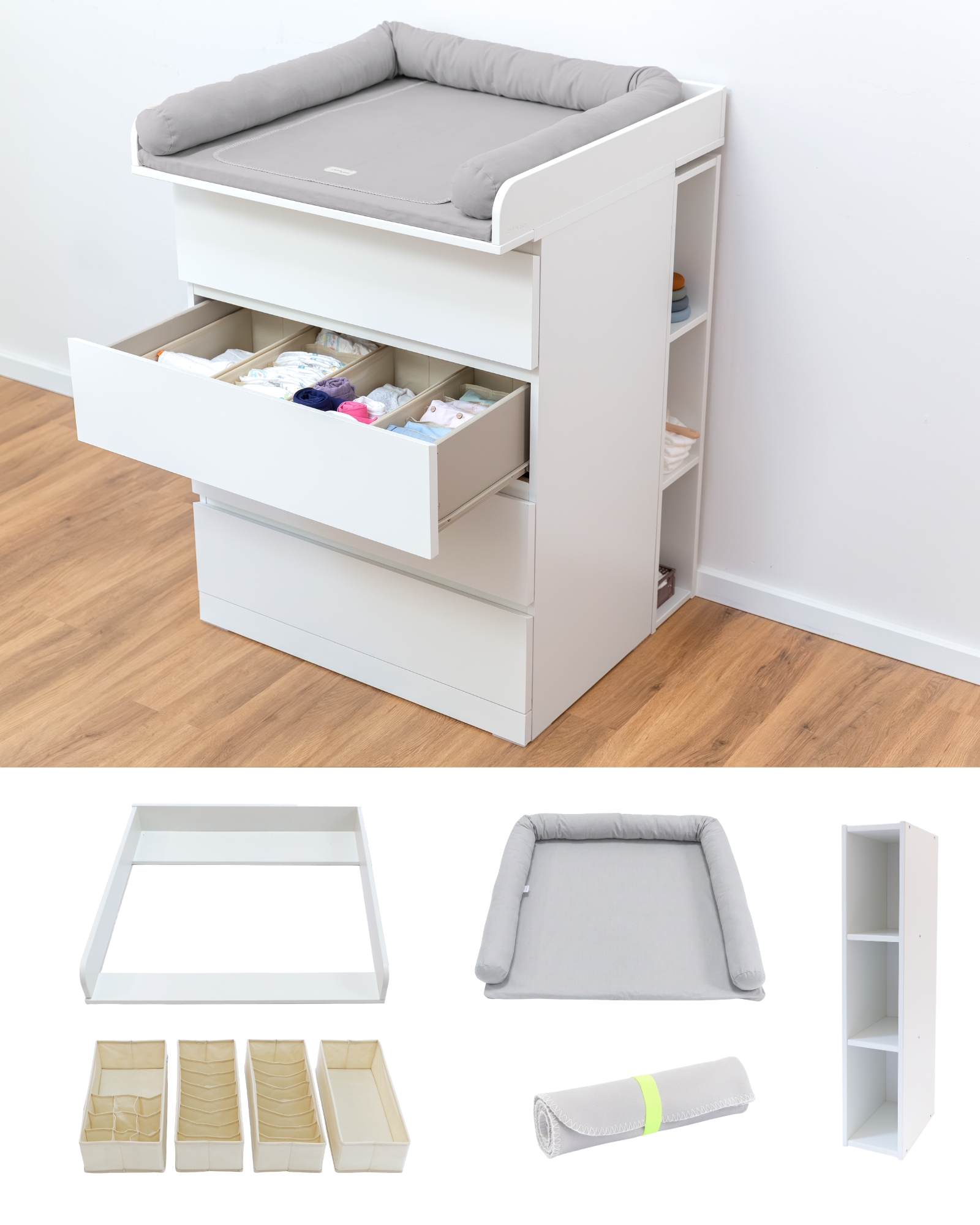 wickelkommode, kommode, wickelauflage, stauraum, organizer,  Wickeltisch,  Kommode mit Schubladen,  Aufbewahrungs organizer,  Baby-Wickelauflage,  Stoff organiser