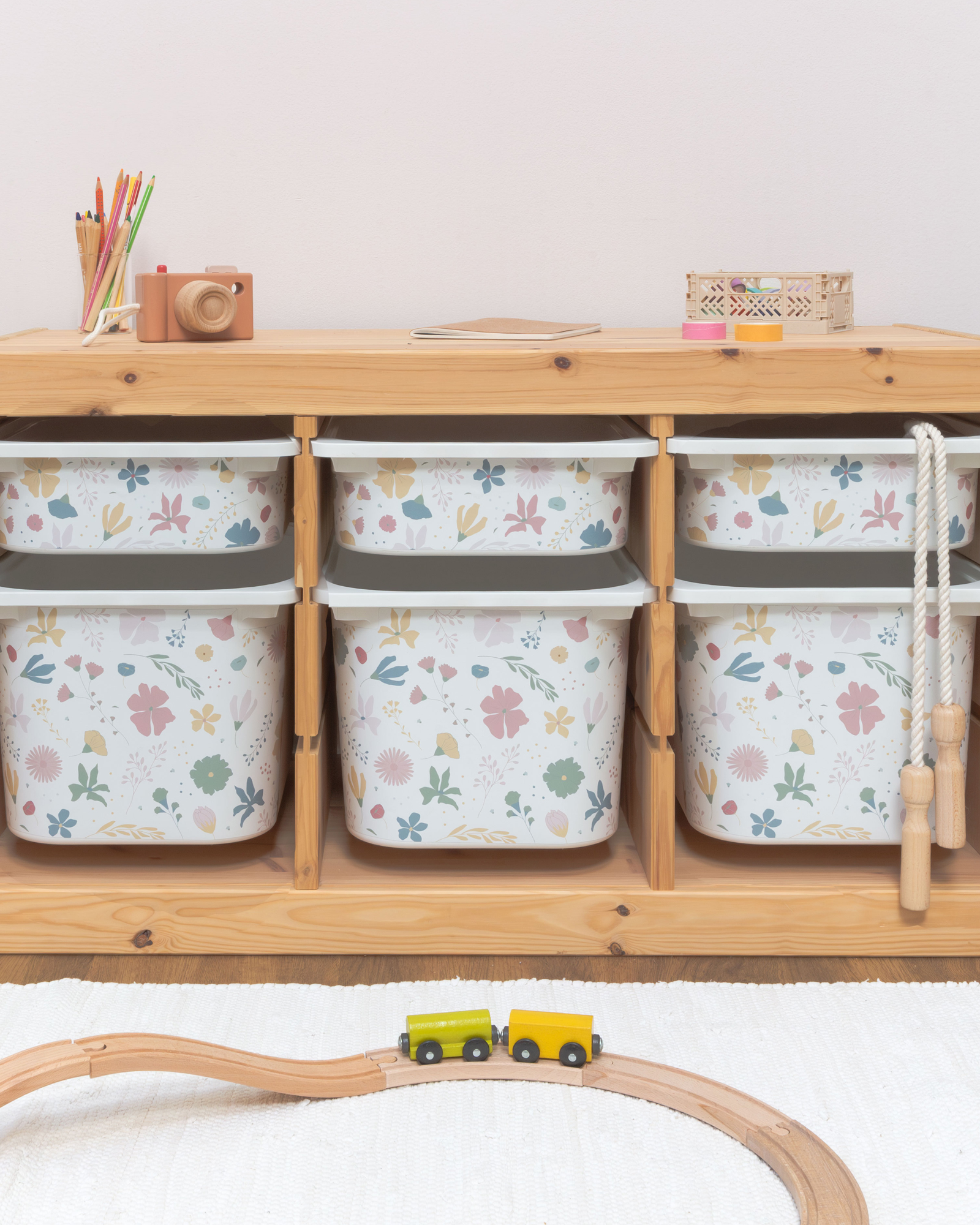 Aufbewahrungsboxen, Kunststoff, Blumenmuster, Weiß, Graue Griffe