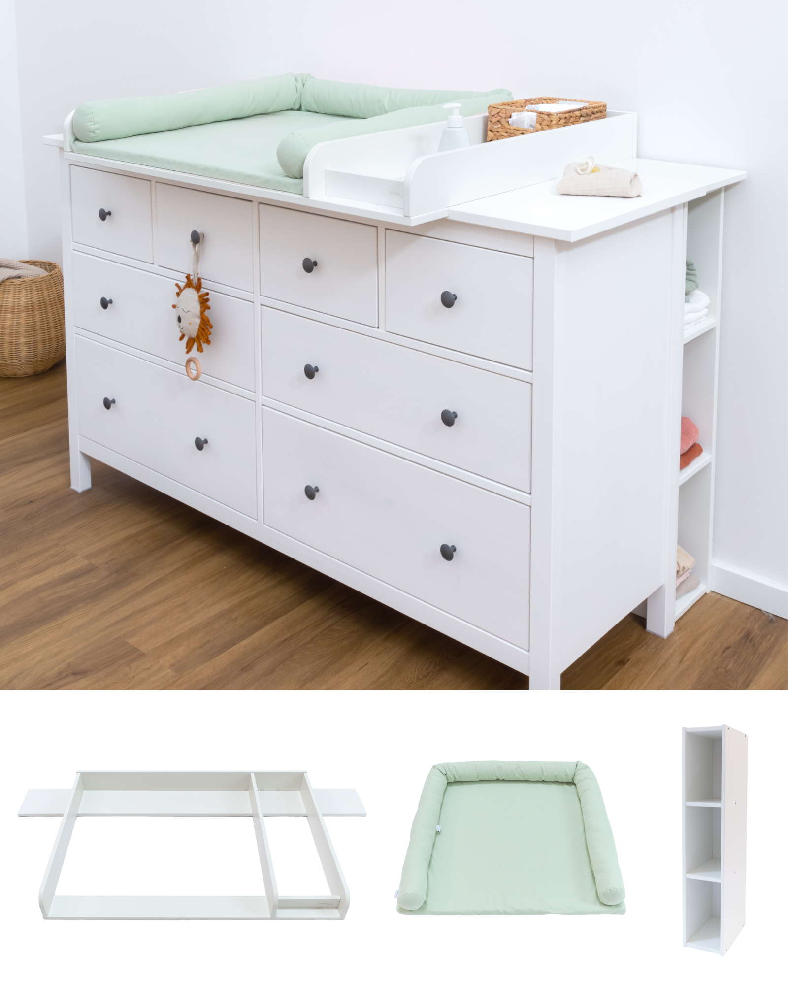 Changing table topper with top, surround and shelf for the large IKEA HEMNES chest of drawers 160 cm
