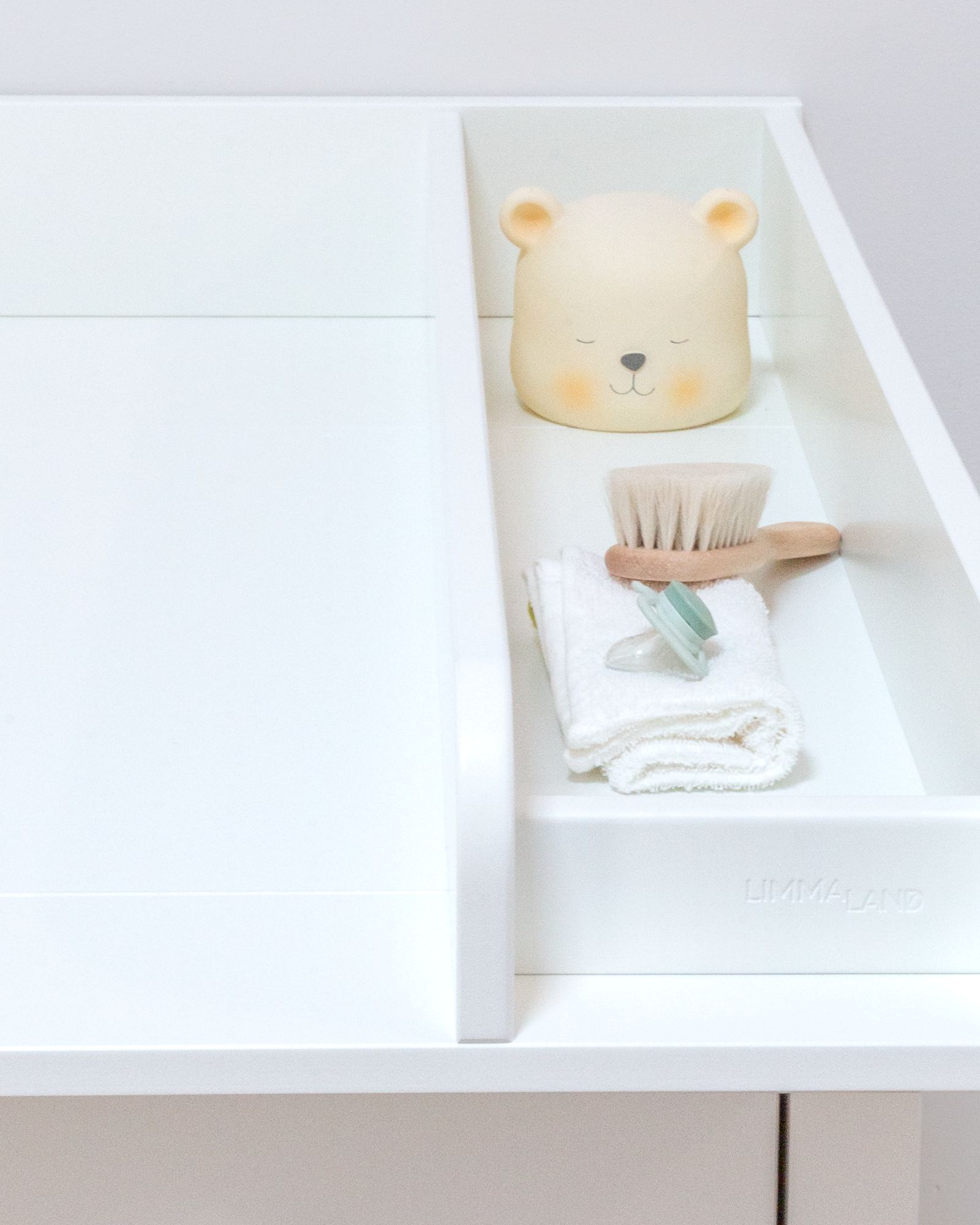 baby-shaker, bear figurine, bathroom decor, cotton towel, brush set