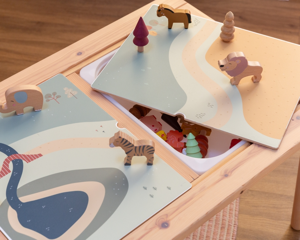 Holzmuster, Spielzeugtier, Kinderpuzzle, Holzfiguren, Waldlandschaft