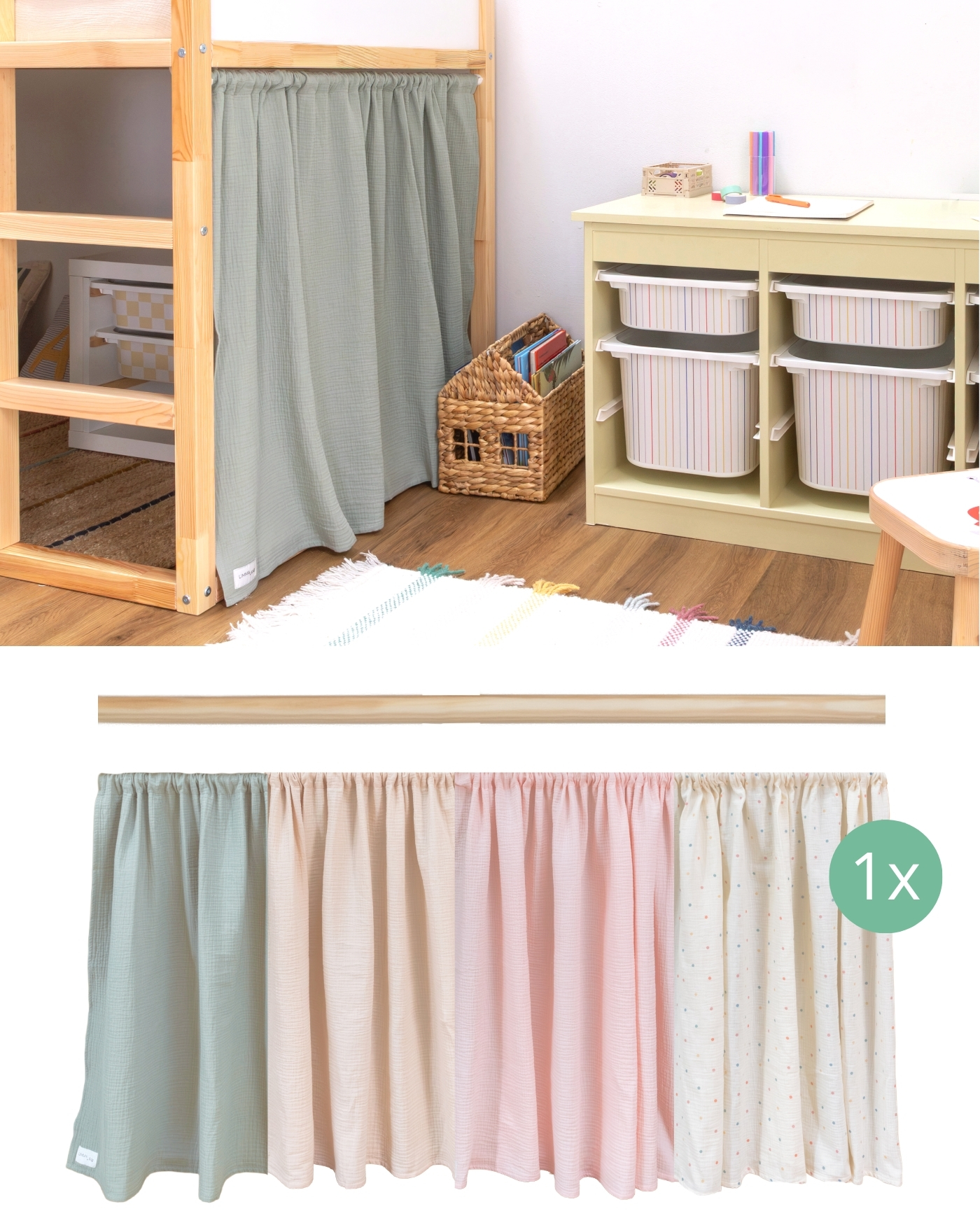 Pine curtain rod with curtain for the IKEA KURA bed head side