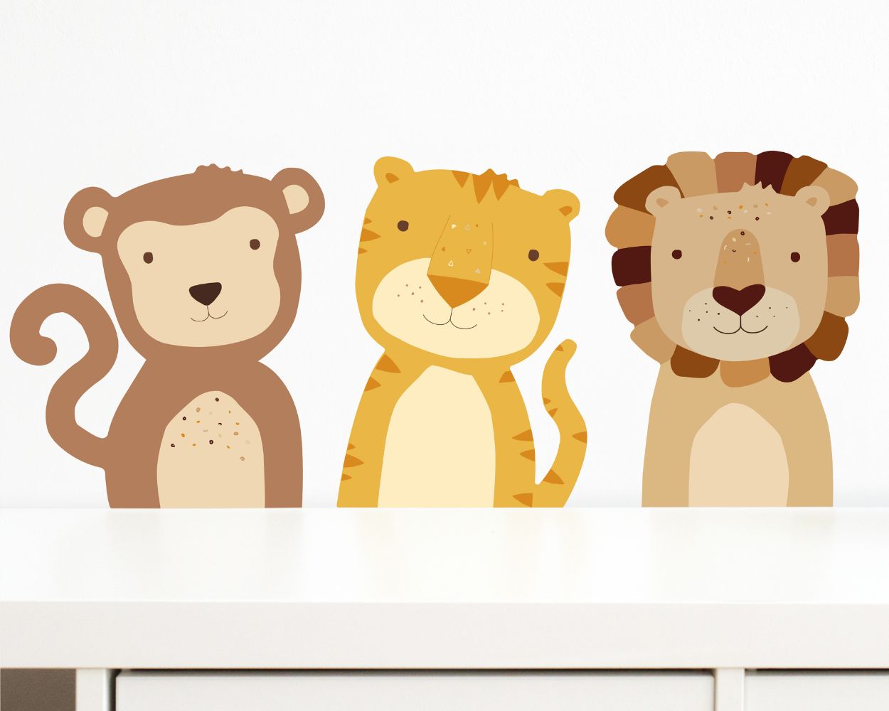 Wandsticker Löwe, Tiger und Affe für Kinderzimmer im Safari und Dschungel Stil Wandsticker Löwe, Tiger und Affe für Kinderzimmer im Safari und Dschungel Stil